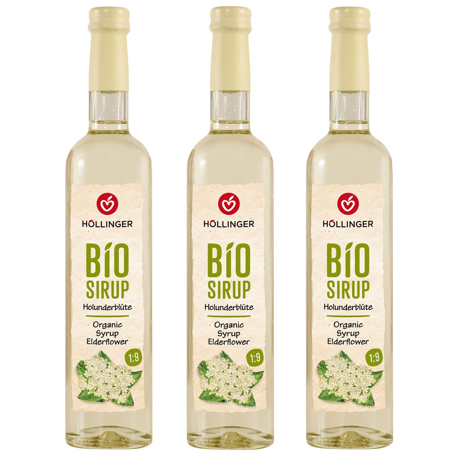 Sciroppo di fiori di sambuco biologico Höllinger - Organic Elderflower Syrup, Vegan, 3x500ml Glass Bottle, Natural Elderflower Flavor