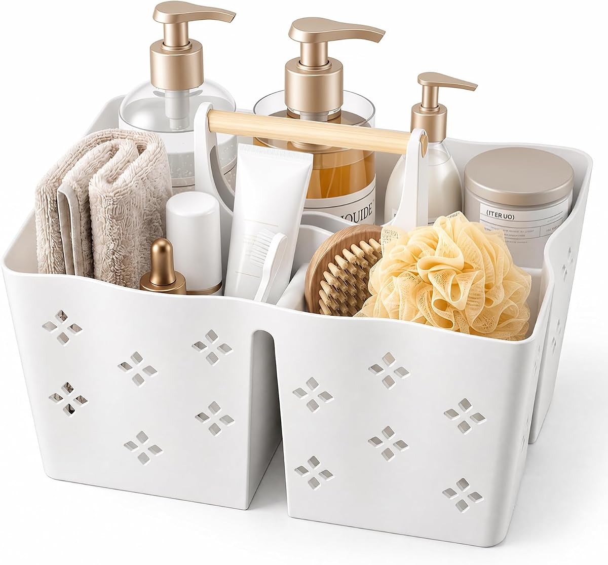 Carrito de ducha de plástico portátil, cesta de ducha de gran capacidad con asa, organizador de artículos de tocador de baño dividido, carrito de ducha de drenaje rápido para dormitorio universitario, artículos esenciales de cocina en la playa, color blanco.