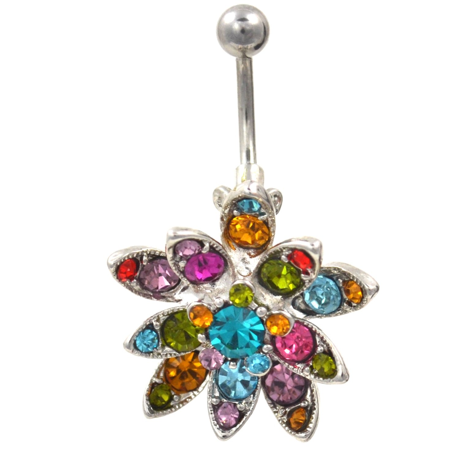 Rainbow Color Crystal Paved Lotus Flower Belly Navel Belly Button Piercing Ring