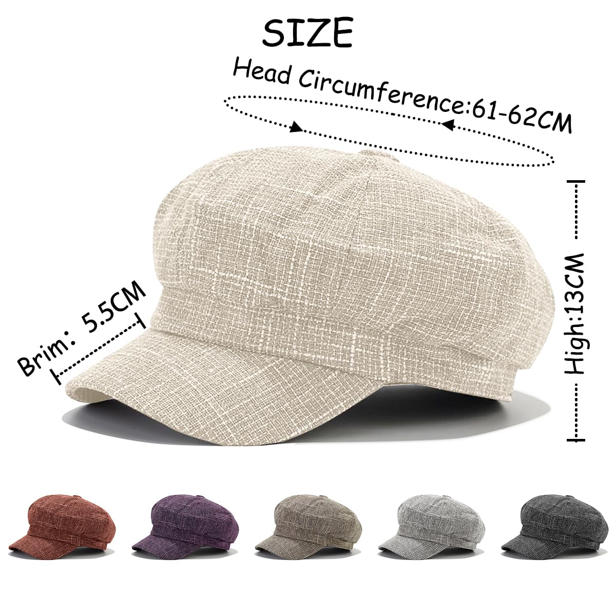 JFAN Berretto Cappello Ottagonale retrò Berretto Classico a Quadri Francese per Le Donne Cappello da Sole per Donna Uomo Estivo con Tesa Cappello Casual Traspirante
