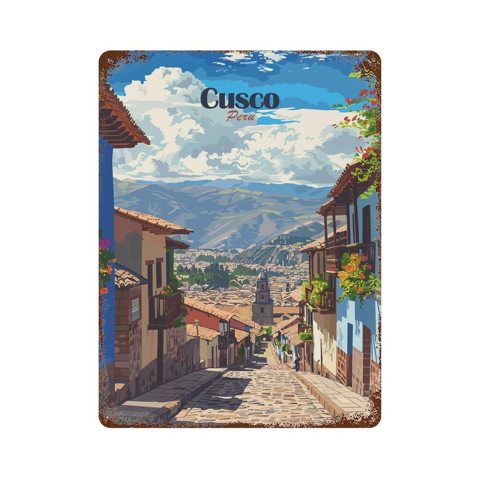 Rustic Tin Plaque Cusco, Peru Travel 15.7"x11.8", Rustic Home Decor for Office, Studio And Wall Decor