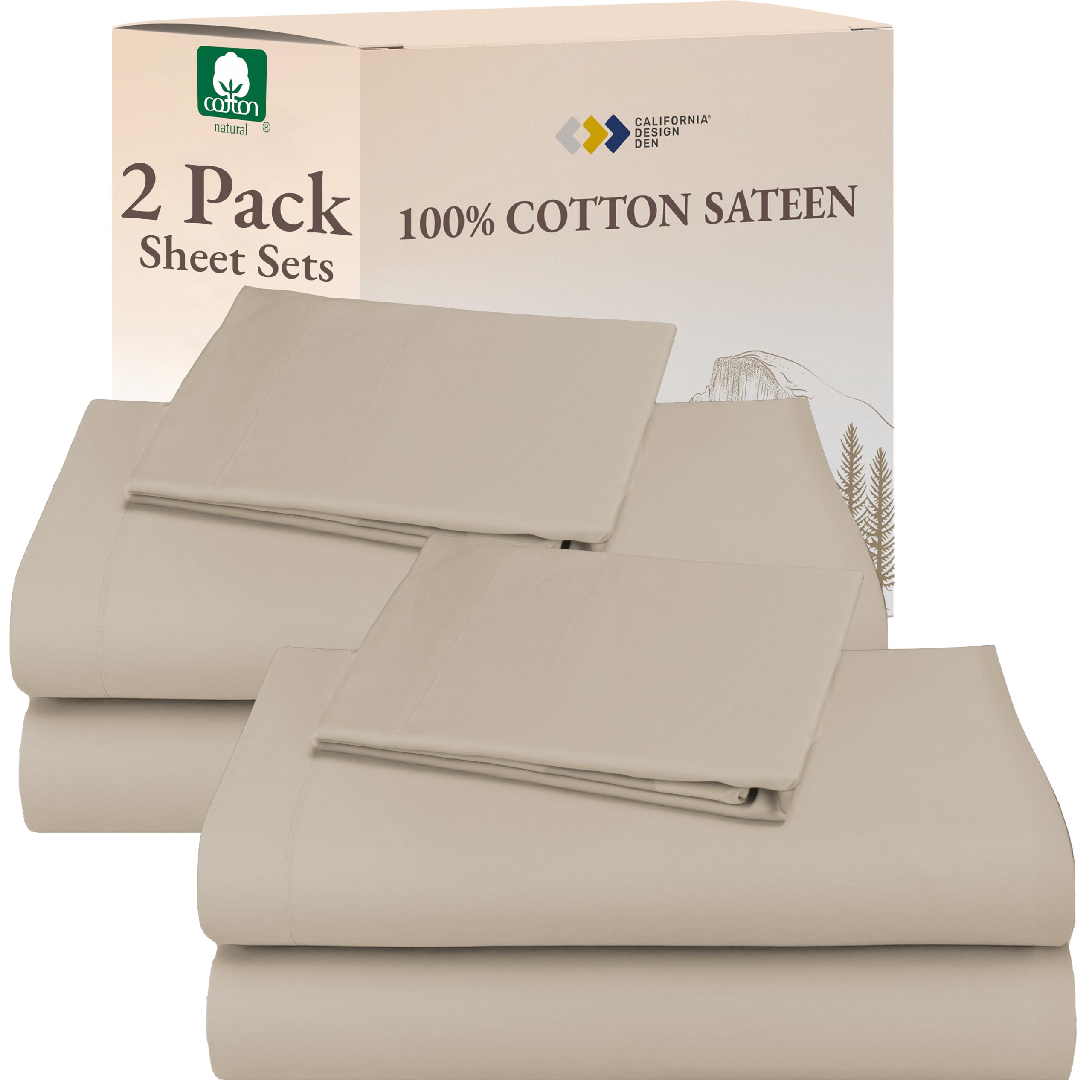 California Design Den California Design Den 100% Cotton Pack of 2 Twin XL Sheet Sets, Soft & Durable Extra Long Twin Sheet Sets with 12" Pockets, Twin XL Sheets with Sateen Sheets - Beige (Warm Taupe)