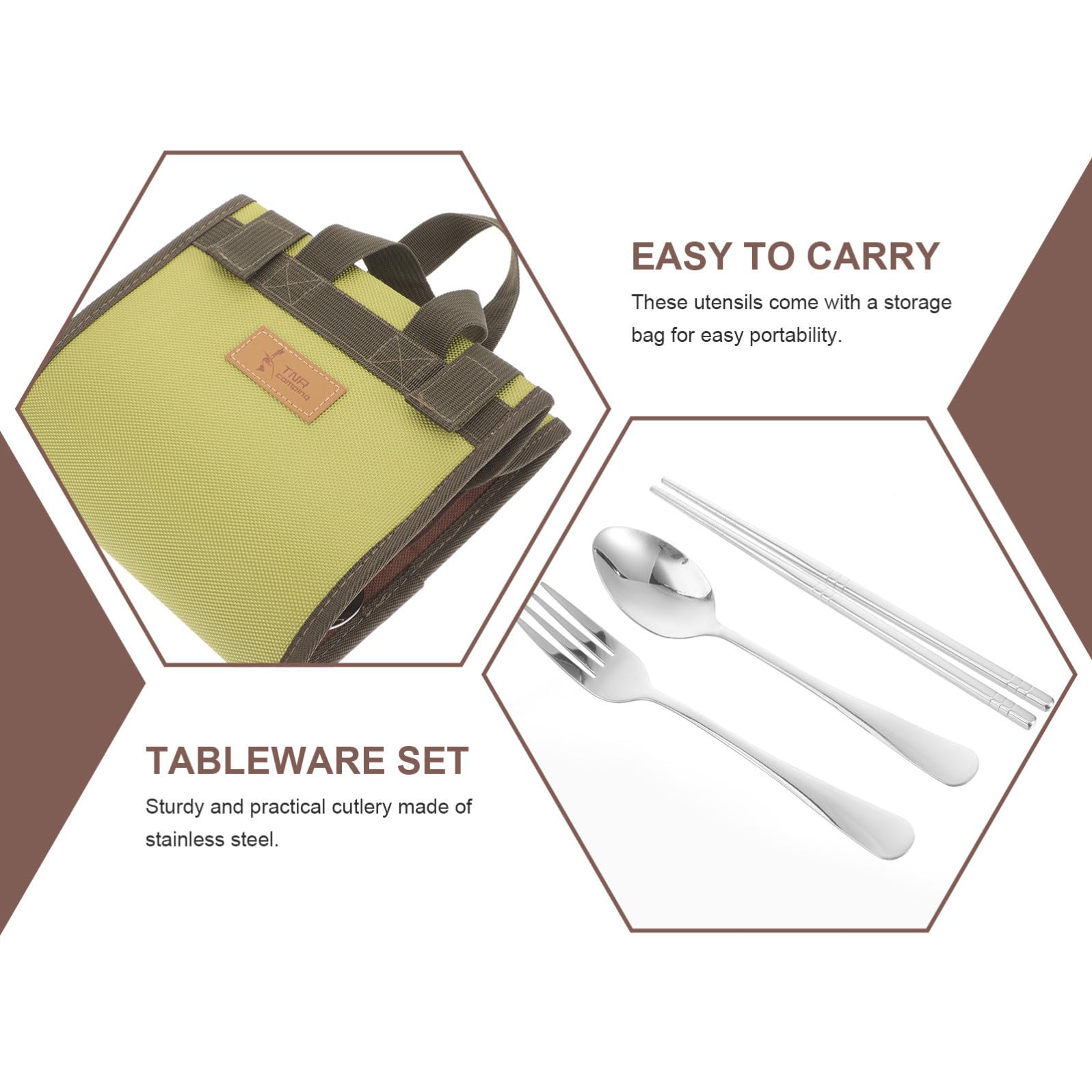 ibasenice Campingbesteckset Zufällige Farbe mit Löffel Essstäbchen Gabel und Tragetasche aus Edelstahl Silber Tragbar für Outdoor Camping und Picknick