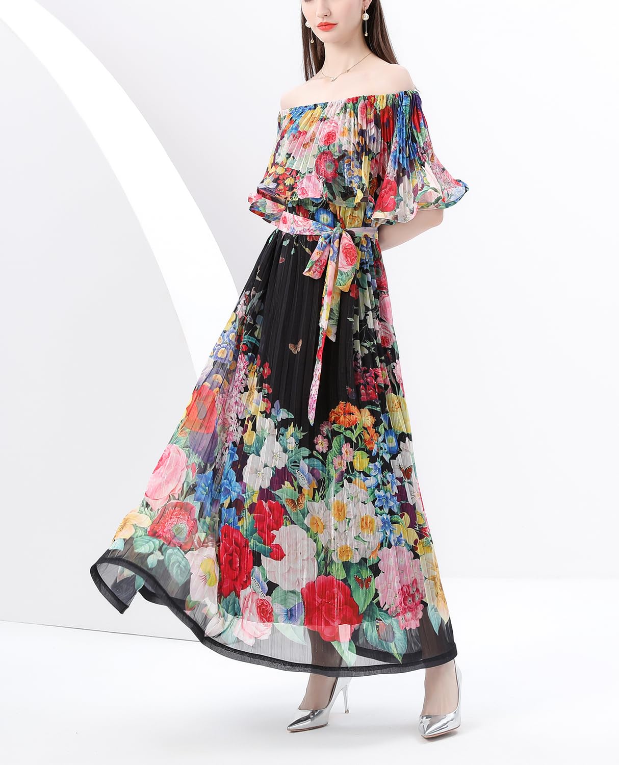Elegante vestido largo con hombros descubiertos y estampado floral para mujer, para verano, casual, playa, vestido largo