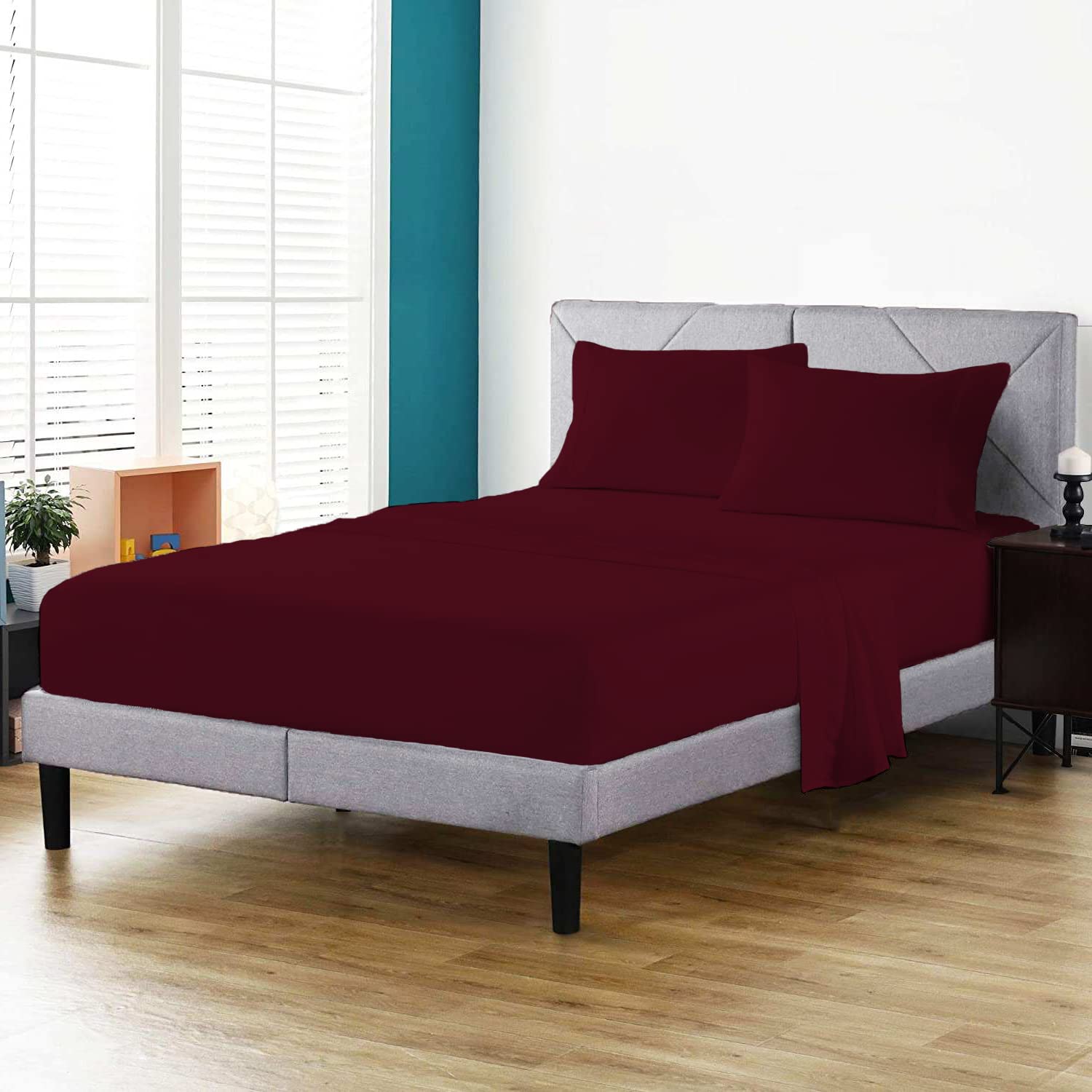 100% Egyptian Cotton Fitted Sheet 200 Thread Count Hotel Quality Soft & Crisp Cotton Caravan Campervan Bed Fitted Sheet (Burgundy, King)