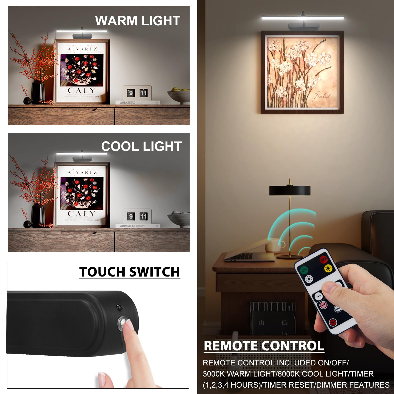 RAIFOOLLY Picture Light,3AA Battery Wall Lights,Wireless Art Lights for Paintings,Remote Control Accent Light with Timer and Dimmable for Frame,Portrait,Mirror-Black