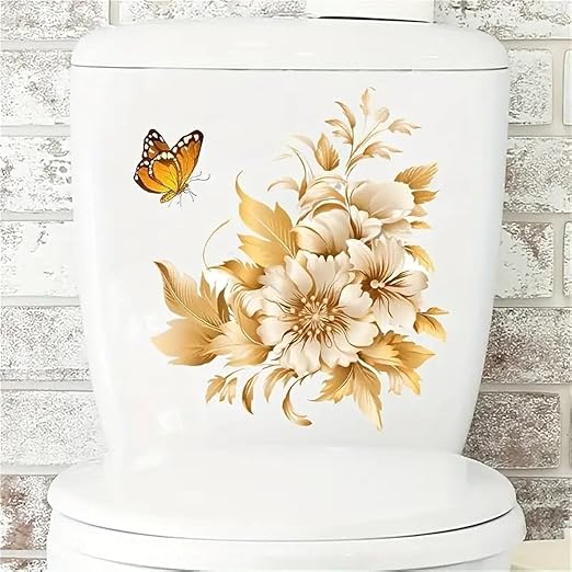 Vintage Golden Flowers Butterfly Toilet Cover Sticker