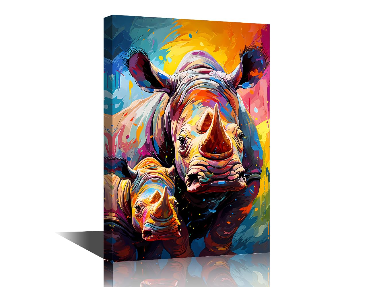 Rhinoceros With Its Baby Wall Art Rhinoceros Wall Decor Modern Home Decor Endangered Black Rhinocerous Wall Decoration for Living Room Bedroom 1 Piece Artwork Framed Ready to Hang (16''Wx 24''H)