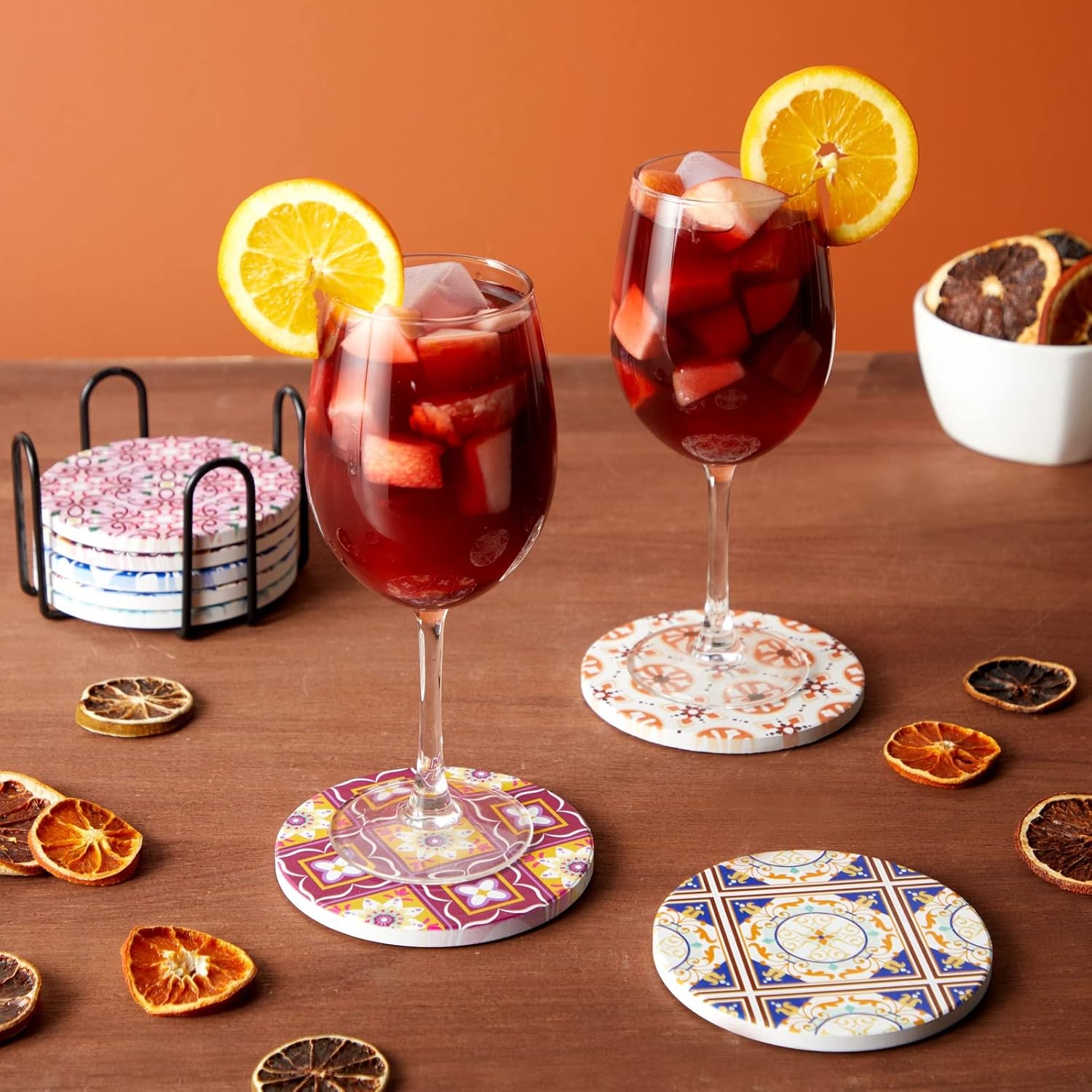 Mediterranean Ceramic Coasters with Cork Base and Iron Holder, Set of 8