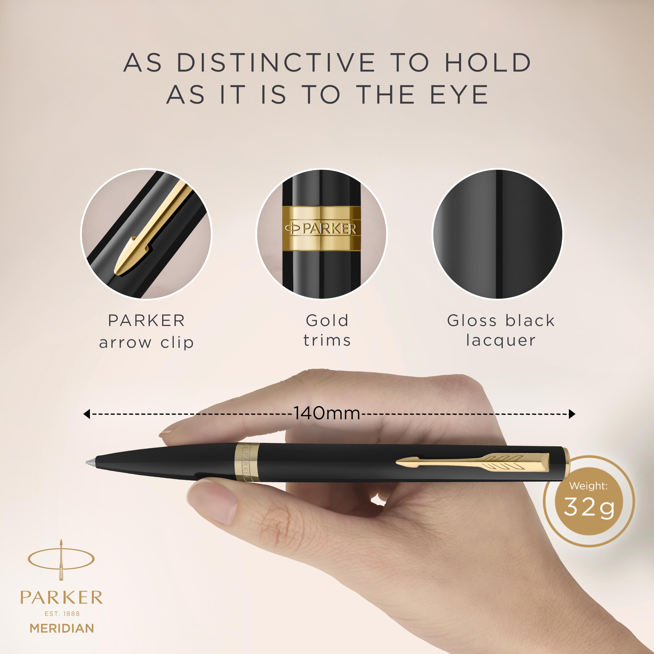 Parker Meridian Stylo à bille | Laque noire avec bordures dorées | Plume moyenne | Stylos pour l'écriture et Fournitures de papeterie | Encre bleue | Boîte cadeau de luxe