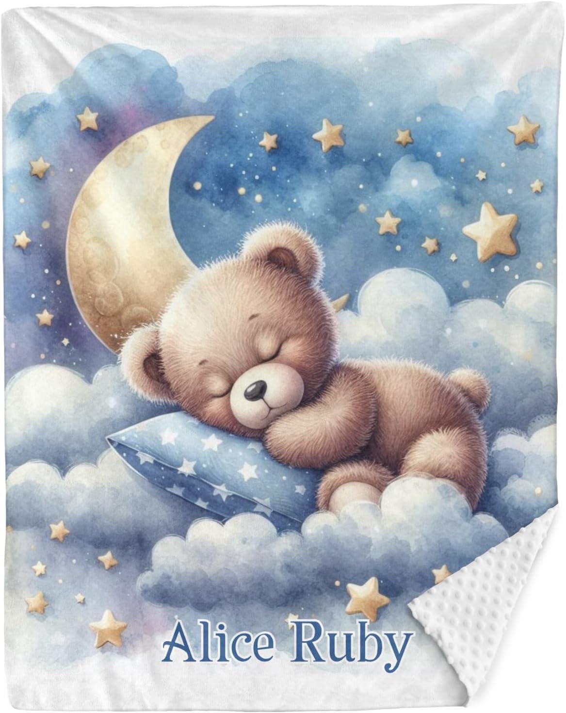 Sleepy Bear Moon Personalized Baby Blanket for Boys Girls,Custom Soft Minky Blanket Double Layer Dotted Naps 35X45 in