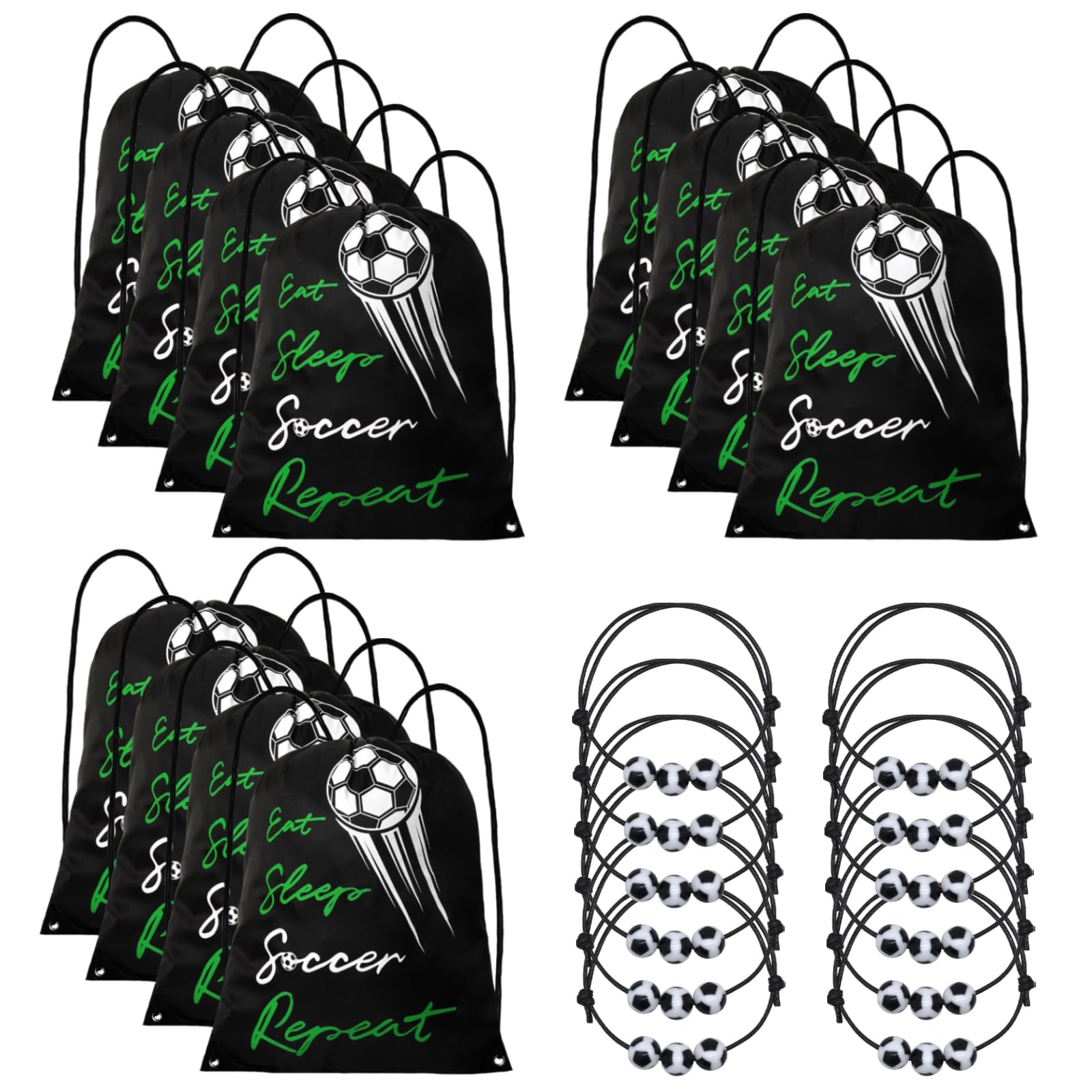 Cheelyvin.H 24 Pcs Soccer Party Favors, 12 Pcs Drawstring Backpacks & 12 Pcs Bracelets, Lightweight Draw String Bags Pack Bulk and Adjustable Braided