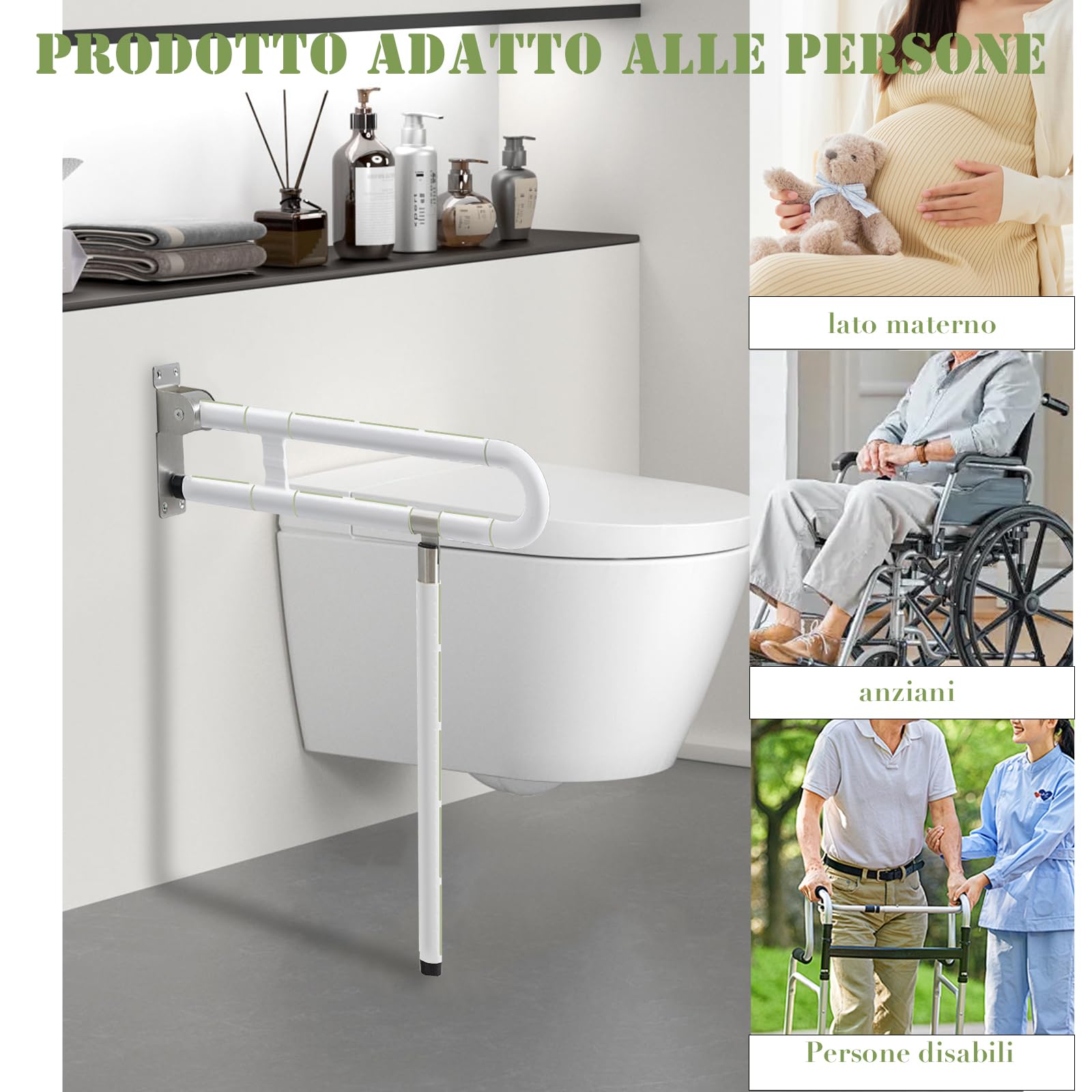 Maniglione Ribaltabile Bagno per WC, Maniglioni per Anziani In Acciaio Inossidabile, Maniglia di supporto da parete per WC, 60 cm, per anziani, disabili, per WC con gambe e WC(bianco,Con stile gamba)