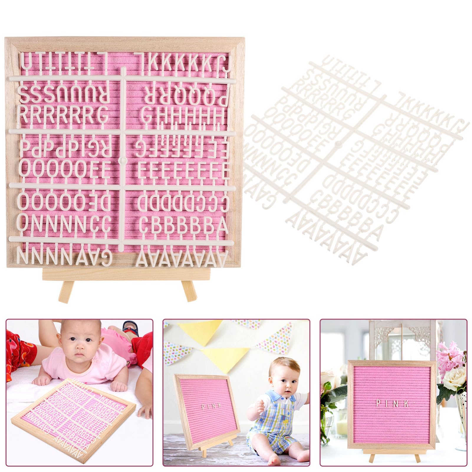 Tablero de Fieltro con Letras Rosa, Marco de Madera Doble Cara