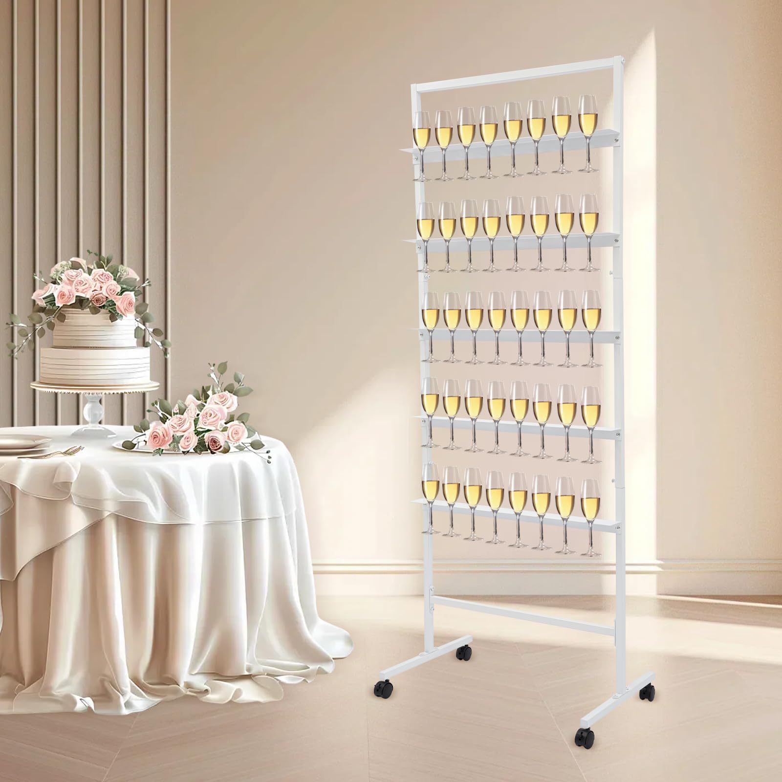 DNYSYSJ Champagne Wall Holder,Wine Holder Up to 80 Cups?5-Tier Metal Champagne Flutes Display Stand with Swivel Casters for Wedding,Party,Glasses Not Inc (White,Black,Gold) (White)
