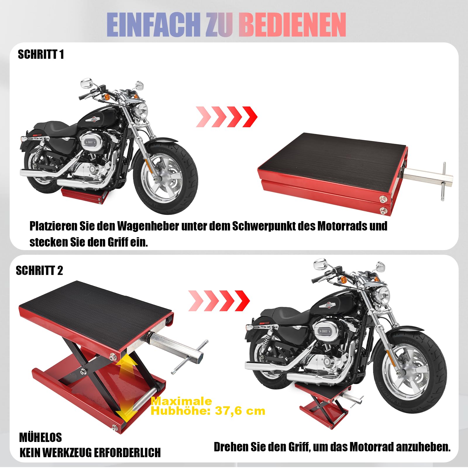 Sollevatore per moto – Piattaforma larga meccanismo di sollevamento a forbice, altezza di sollevamento 8,5 cm – 34 cm, portata 500 kg, per moto, biciclette, fuoristrada