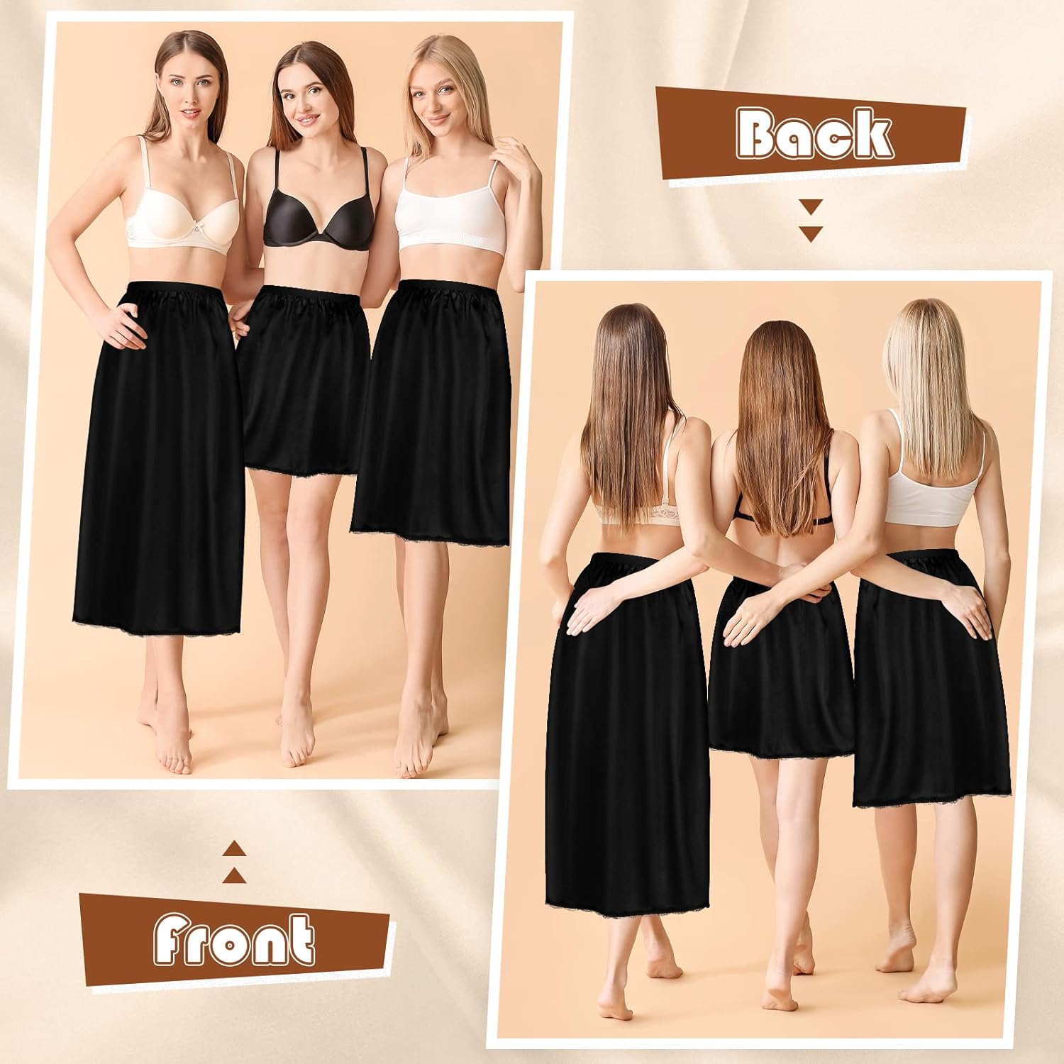 3 Pieces Half Slips for Women 3 Kinds of Length 19, 27, 35 Inch Slip Under Dress Satin Lace Long Skirt - Image 2