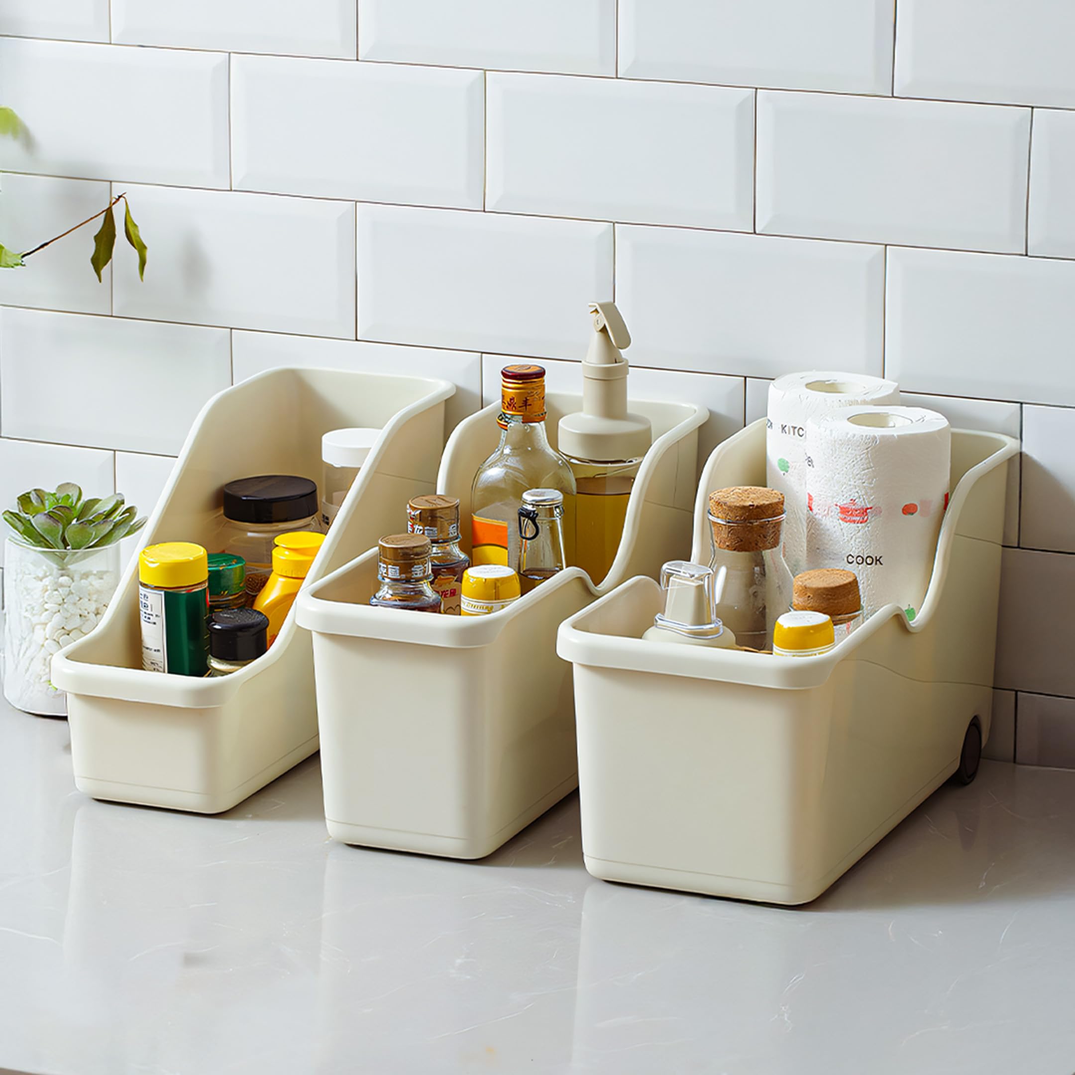 HomeEssentials Plastic Multi-Purpose Storage Basket with Wheels-Ideal for Kitchen Utensils,Pots,Spice Jars,and Books-Portable Under Sink Organizer for A Clutter-Free Space(Set of 3,White),40x19x22 cm