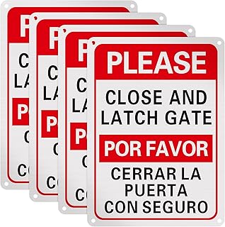Blulu 4 Pcs Please Close and Latch Gate Sign 10" x 7" Keep Gate Closed Aluminum Reflective Sign Rust Free Aluminum-UV Protected and Weatherproof-Bilingual English Spanish(Red Black White)