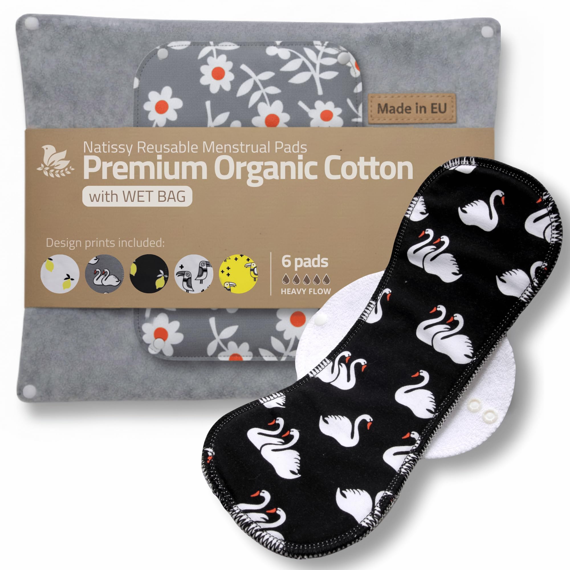 Assorbenti Lavabili Cotone Biologico; Assorbenti Riutilizzabili 6-Pack + Borsa (L+XL) PRODOTTI IN EU; Assorbenti Lavabili Flusso Abbondante Notte; per ciclo mestruale, l’incontinenza e il dopo parto