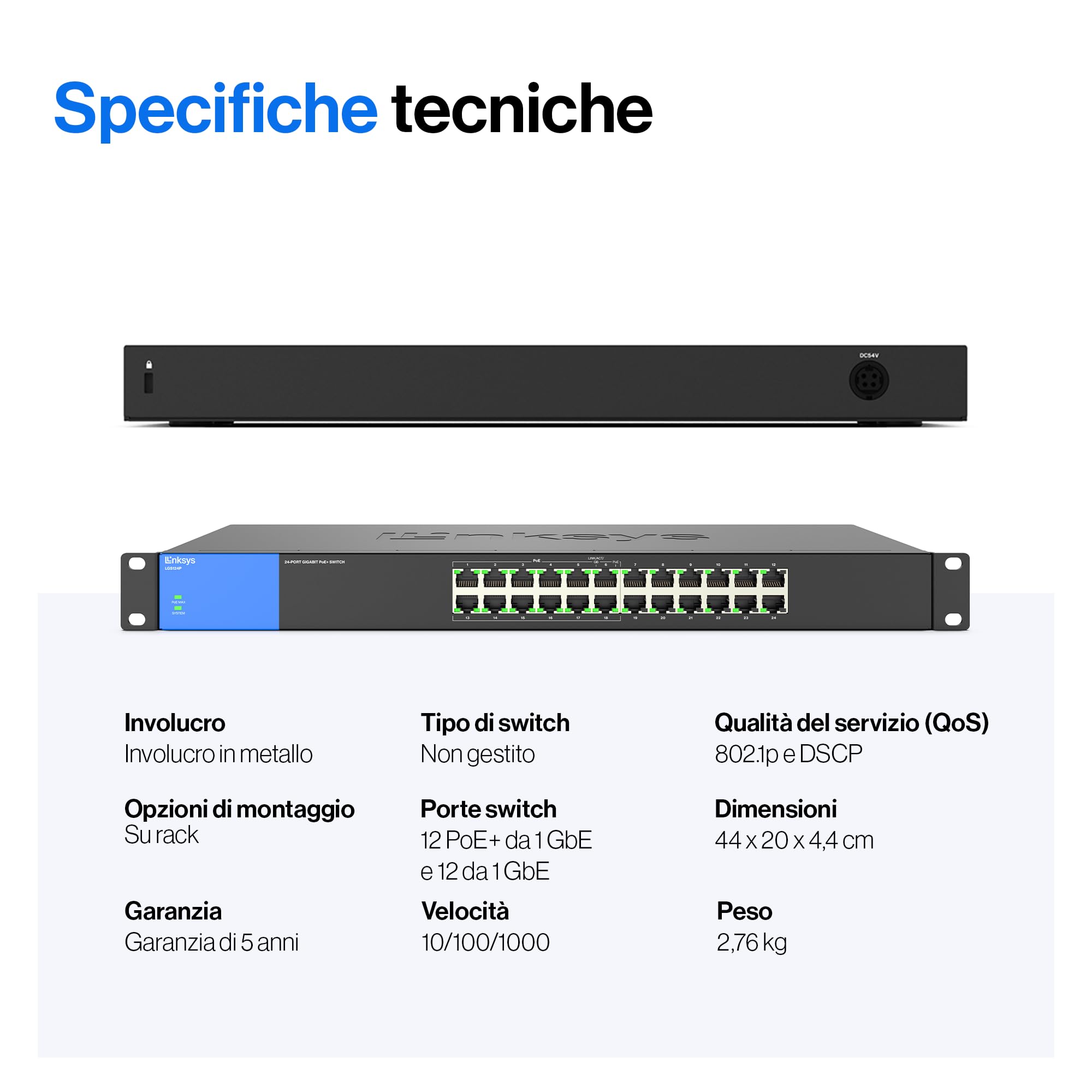 Linksys LGS124P-EU Switch di rete Gigabit PoE non gestito a 24 porte, 120 W tramite 12 porte PoE+, per aziende, uffici, sorveglianza IP, sdoppiatore Ethernet con chassis in metallo