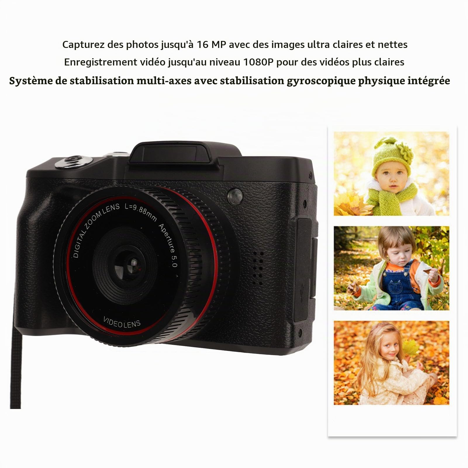 Appareil Photo Reflex Numérique, Appareil Photo 16MP HD 1080P, Mini Appareil Photo Reflex Numérique, Caméra Vidéo à Zoom Numérique 16X, Anti-secousse Multi-Axes