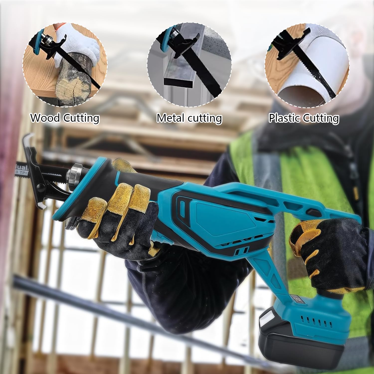 Sierra de sable inalámbrica compatible con batería Makita de 18 V, sierra de sable inalámbrica para serrar madera/acero con 4 hojas de sierra sable, gafas protectoras y guantes (sin batería/sin