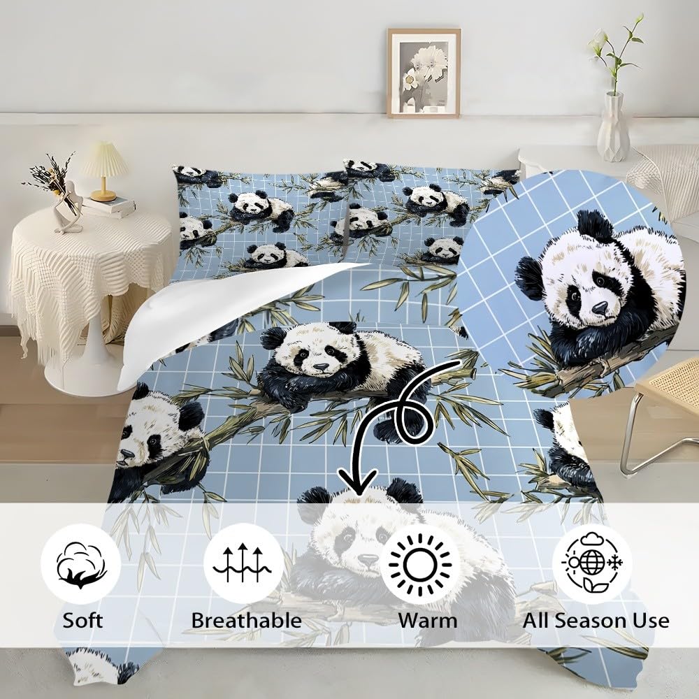 Kreskówka Panda 3-częściowy komplet pościeli z mikrofibry niebieski komplet pościeli poszwa na kołdrę 140 x 200 cm i 2 poszewki na poduszki 65 x 65 cm