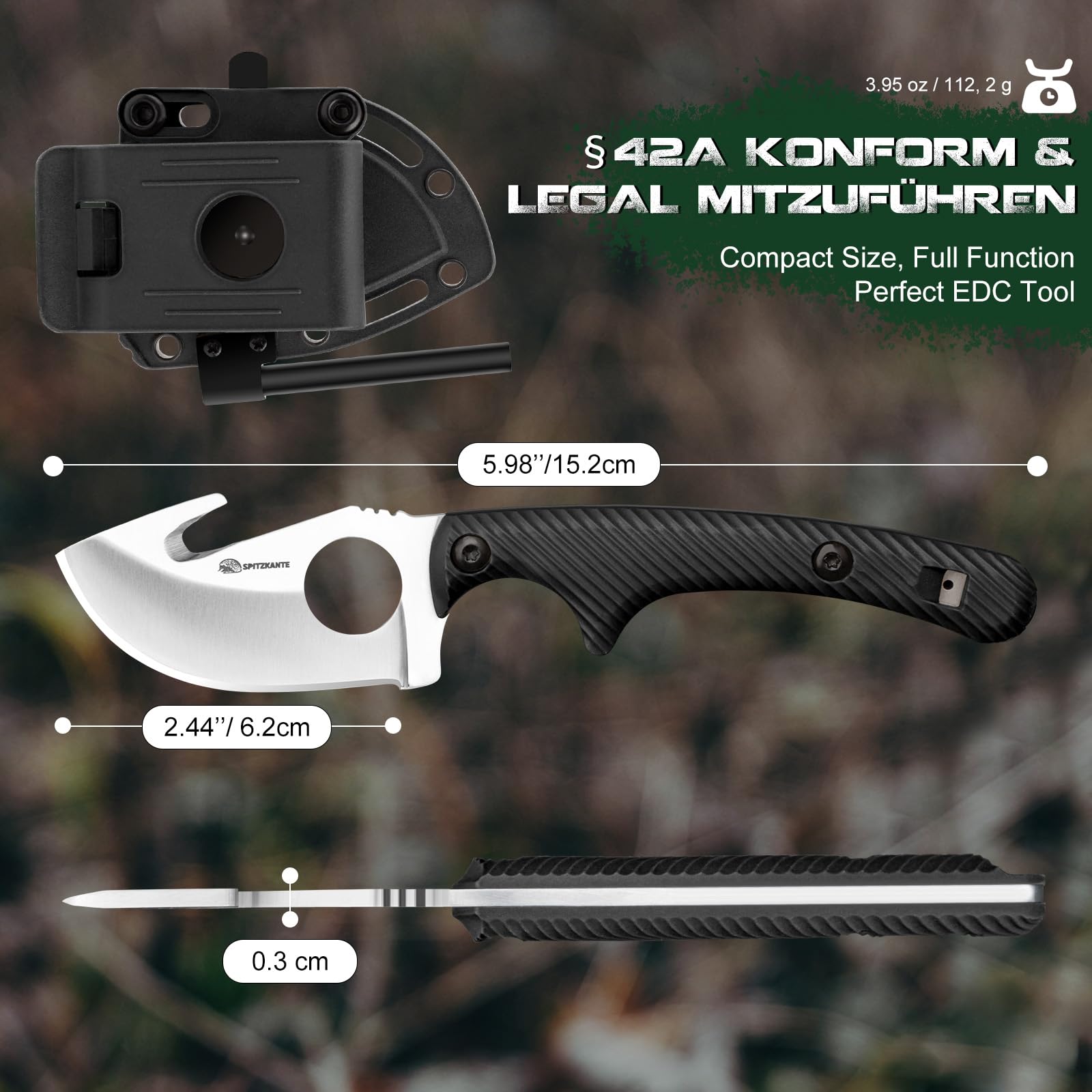 HO-YN coltello da esterno, clip regolabile a 360°, lunghezza lama di 6,2 cm, un buon coltello collana con gancio con tubo integrato.