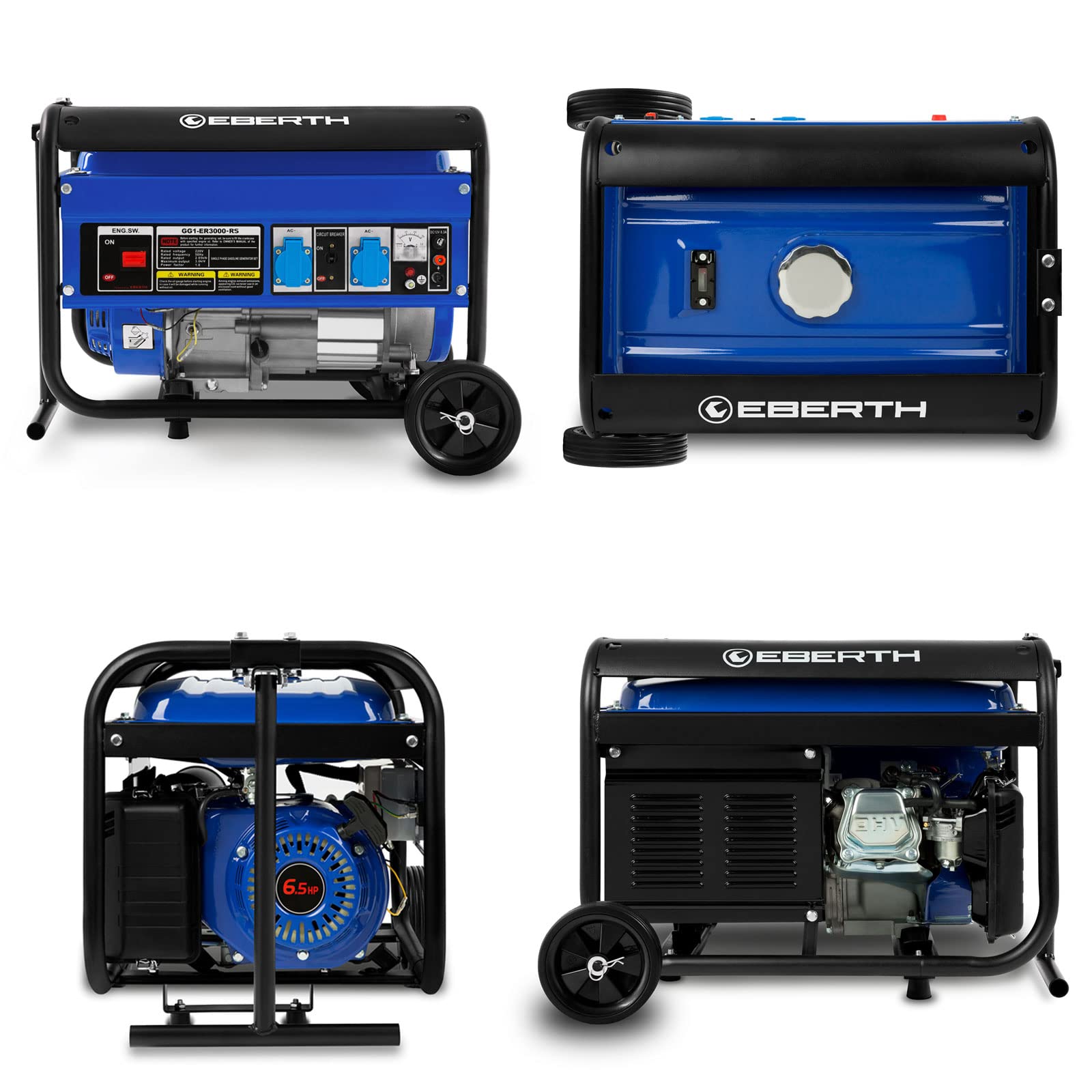EBERTH 3000 W benzynowy generator prądu, silnik benzynowy 6,5 PS, 4-suwowy, chłodzony powietrzem, 2 x 230V, 1 x 12V, automatyczny regulator napięcia AVR, zabezpieczenie przed brakiem oleju, woltomierz