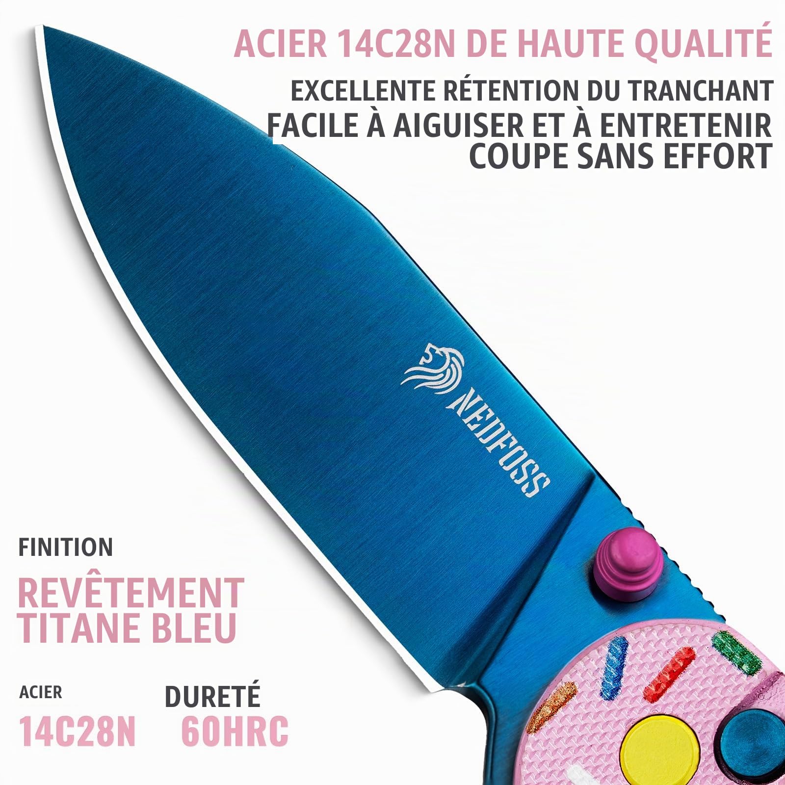 NedFoss DONUT couteau pliant, 14C28N acier couteau survie, Longueur lame 7.5 cm, revêtement titane bleu, manche g10 avec clip ceinture, mini couteau de poche