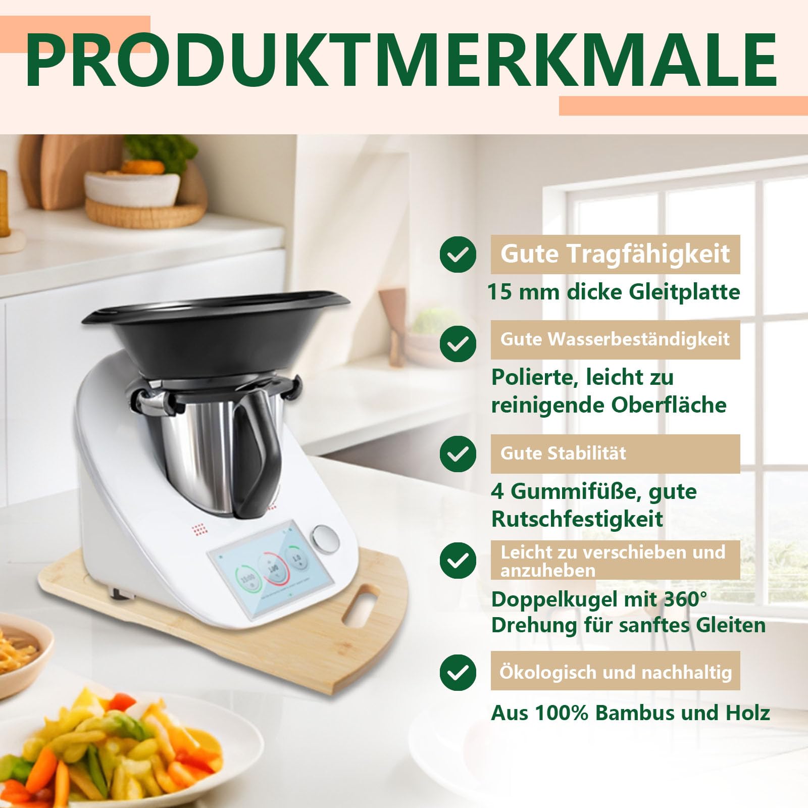 Tavola Scorrevole In Bambù Per Bimby TM5 E TM6 - Con Ruote E Piedini Antivibrazione, Spessore 1.5 Cm - Foto 8