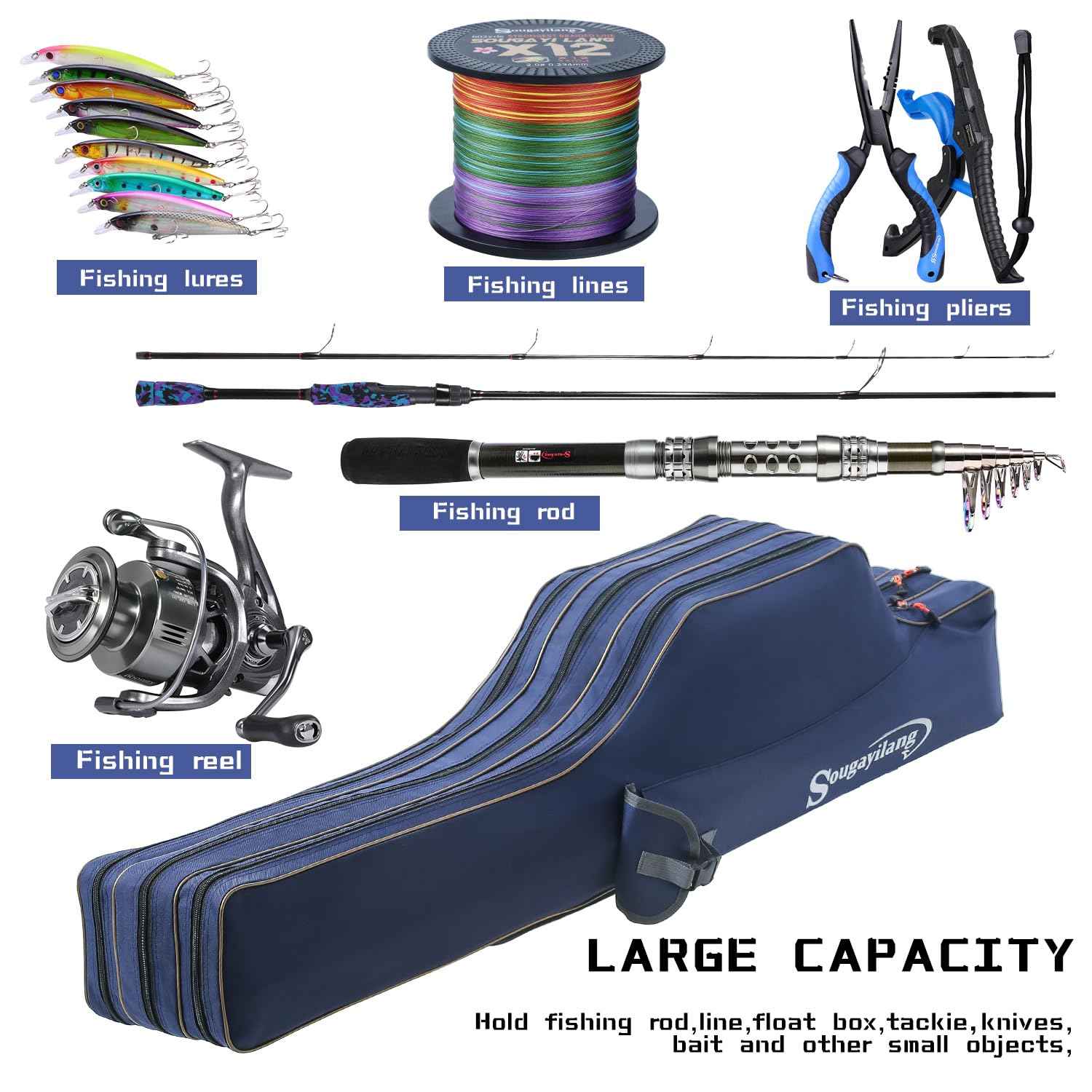 Sougayilang Fishing Rod Bag- 3-Layer Portable Folding Pole Bag for Large Capacity Fishing Rods Tackle Storage - 135cm-Blue - Image 4