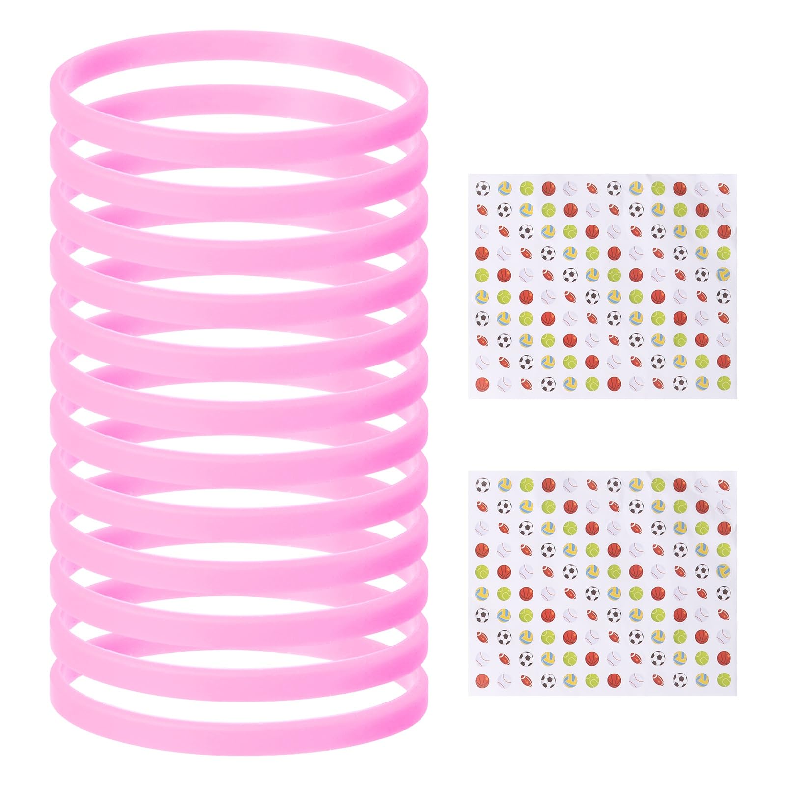 YELARXI Silicone Bracelets, Dia 14-19cm Solid Color Rubber Wristbands, Blank Stretch Bands with Sports Stickers 12 Pcs & Pink -Fitting For(Basketball/Men/Women/Party/Sports Train)