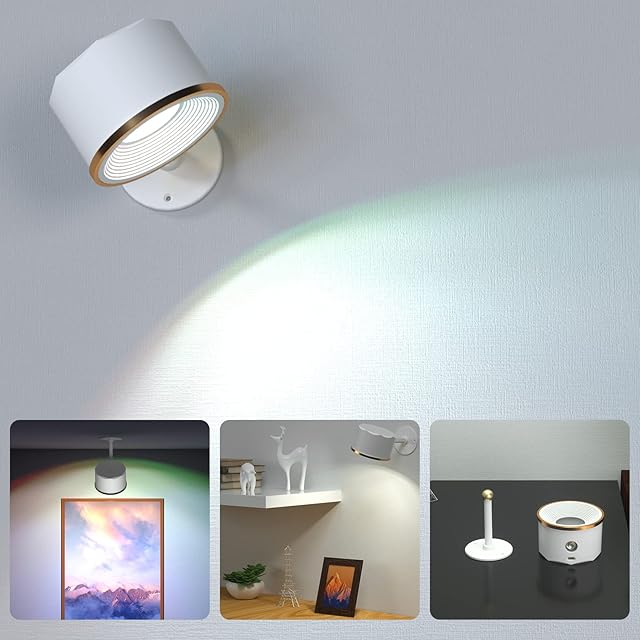 Wireless Wall Light, 1 Pack Battery USB Rechargeable Spotlight Light, Warm/Natural/White+13 Colorful Change Timing Wall Sconce,360°Rotate Magnetic Ball with Touch Dimmable,LED Remote Control Lights