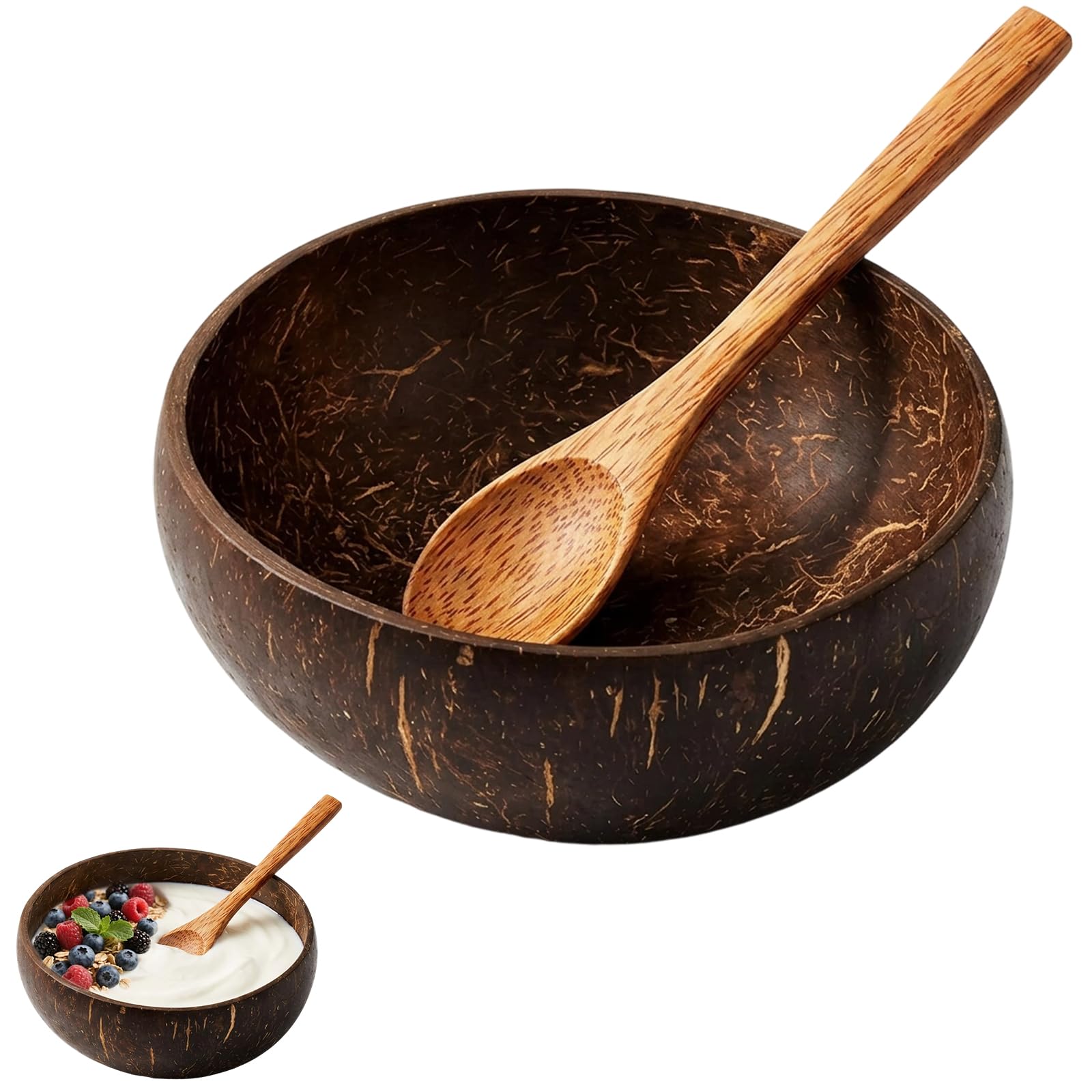 Coconut Bowl With Wooden Spoon Set, Wooden Fruit Bowl And Spoon, Sustainable Dining Solution, Polished Coconut Shell Bowls For Breakfast And Vegan Meals, Handcrafted Wooden Bowls For Food Presentation