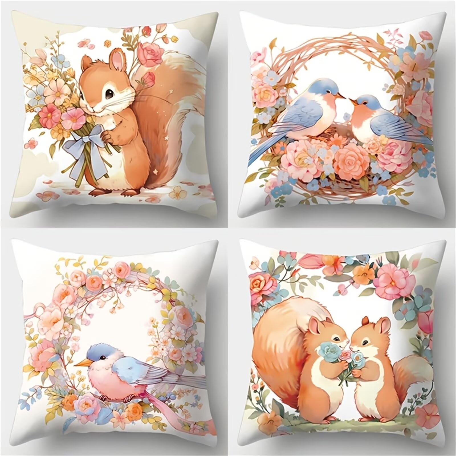 QiHon Cushion Covers 45x45 cm Set of 4 Flowers Squirrels Linen Square Pillow Cases 18x18 inch Modern Decorative Throw Pillow Covers for Sofa Couch Bedroom Home Office with Invisible Zipper