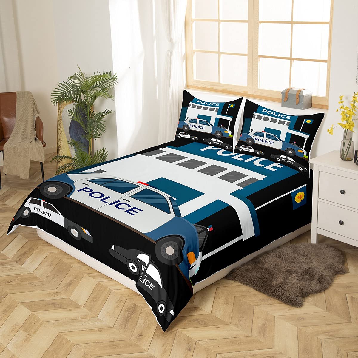 Homewish Set Biancheria Letto Bambini 135x200 Cm, Copripiumino Con Auto E Soccorso, 100% Microfibra, Blu E Grigio Con Federa