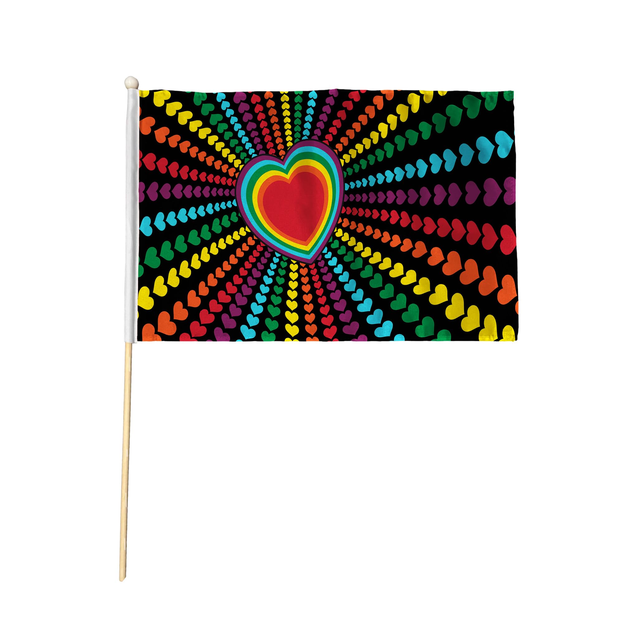 Flagtex Rainbow Love Pride Pack of 12 Hand Waving Flag (18x12 Inch Large) - Premium Wooden Stick Hand Flag Big Size Natural Wood Pole LGBTQ Heart Rainbow Flag Events