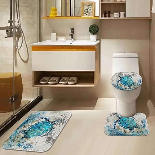 Miniatura 6 de Juego de baño azul marino con cortina de ducha y alfombras y accesorios, juego de cortinas de ducha de tortuga, cortinas de ducha azules y grises