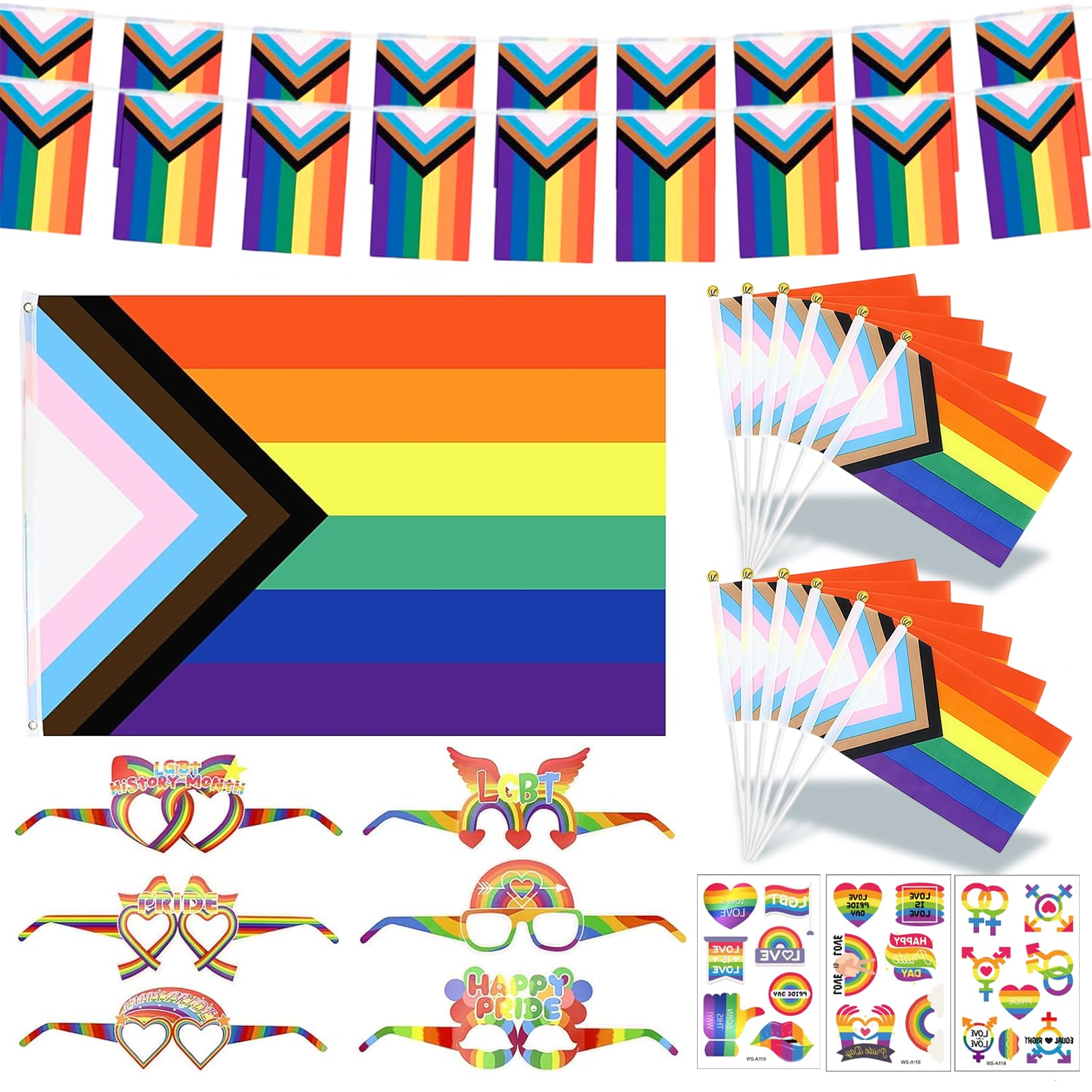 Progress Pride Flags (3Ft X 5Ft) Pride Decorations Gay Pride Flag Tattoos Glasses, Rainbow Bunting Pride Hand Flags Pride Outdoor LGBT Parade Decorations Accessories