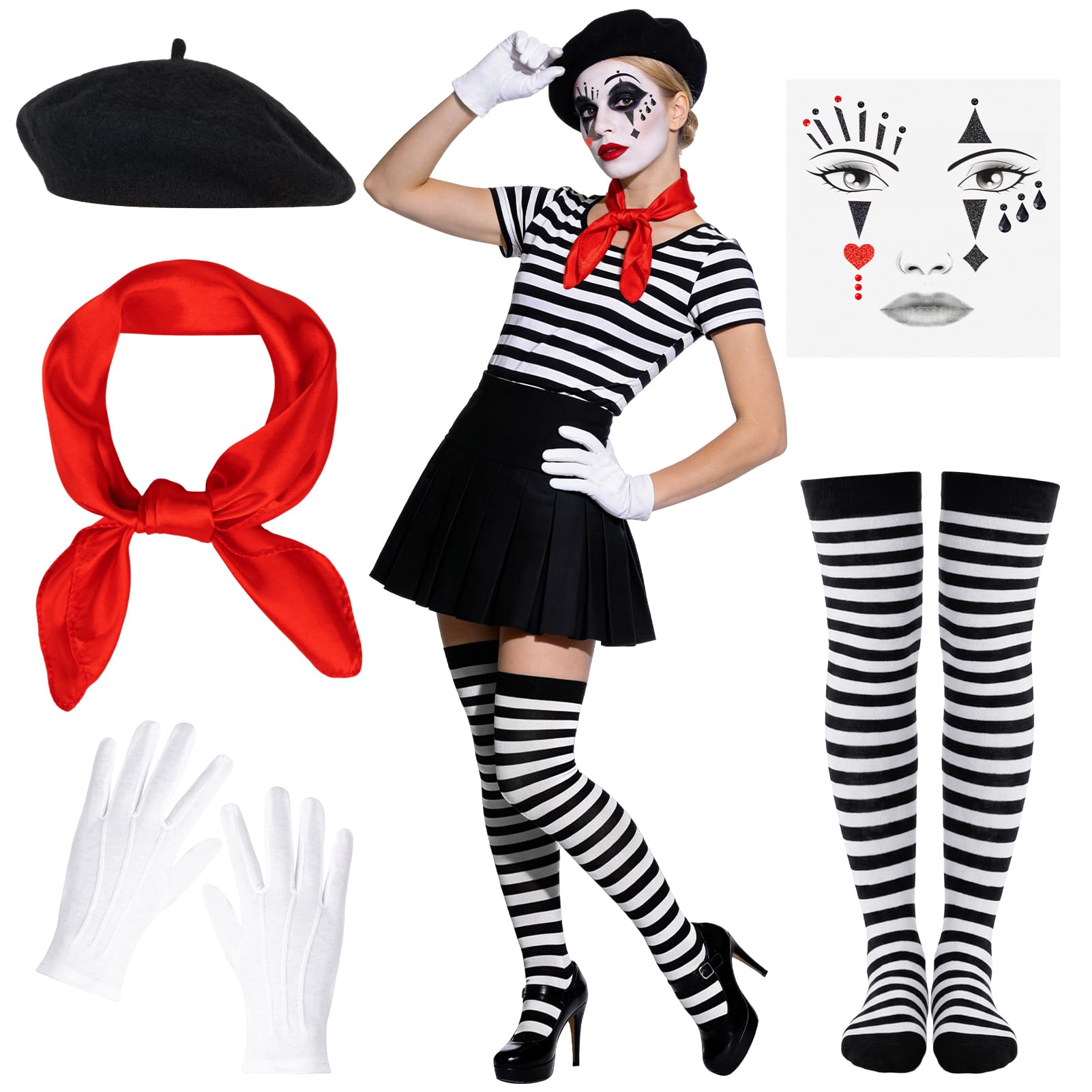 Becellen 5 Piezas Disfraz Mimo Mujer, Disfraz De Carnaval Adulto Pantomima Disfraces Pintora Negro Mimo Paño Rojo, Guante Blanco, Tatuaje Facial Carnaval