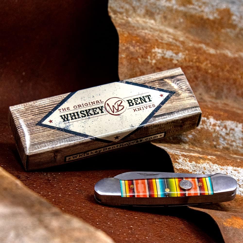 WHISKEY BENT HAT CO. Traditional Canoe Folding Knife 3.63" Closed Length 440C Stainless Steel Blades (Serape Sunrise)