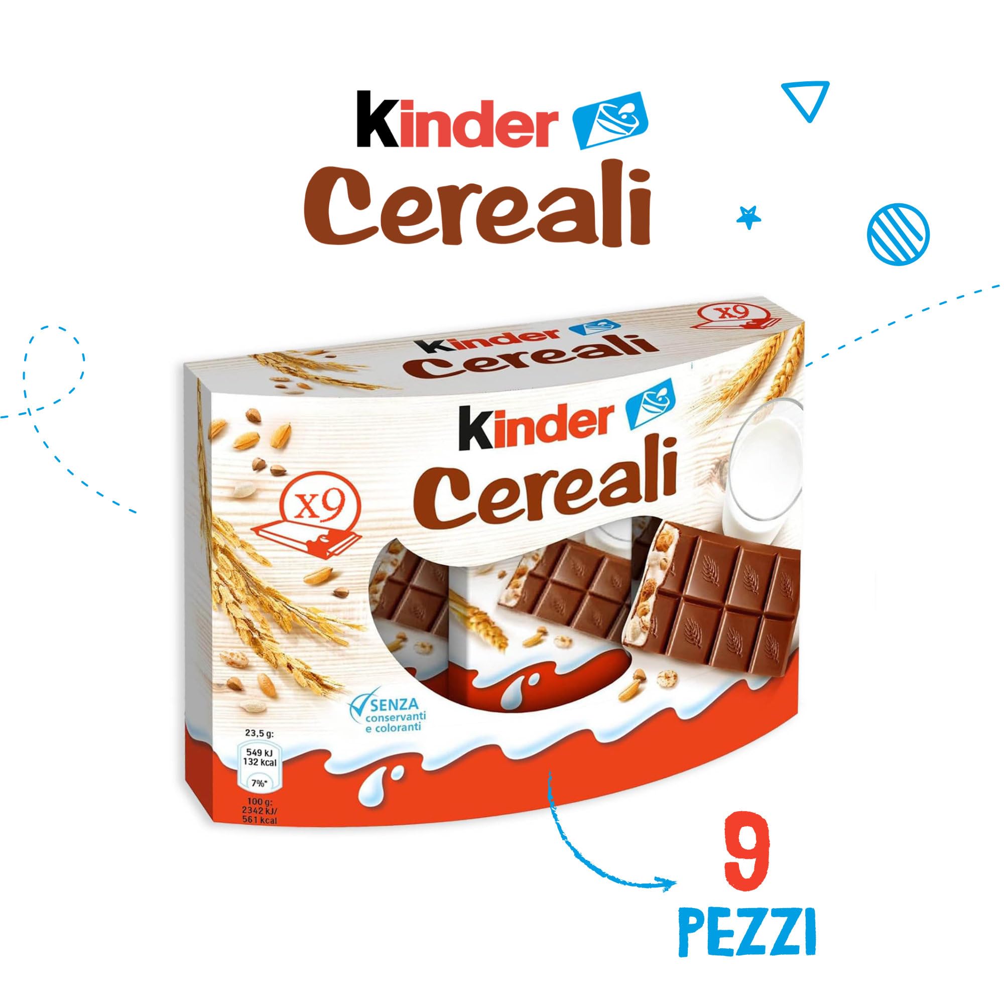 Kinder Cereali, 9 Tavolette di Cioccolato Puro Cacao, Snack Dolce Ripieno al Latte e 5 Cereali Soffiati e Tostati, 211.5 gr