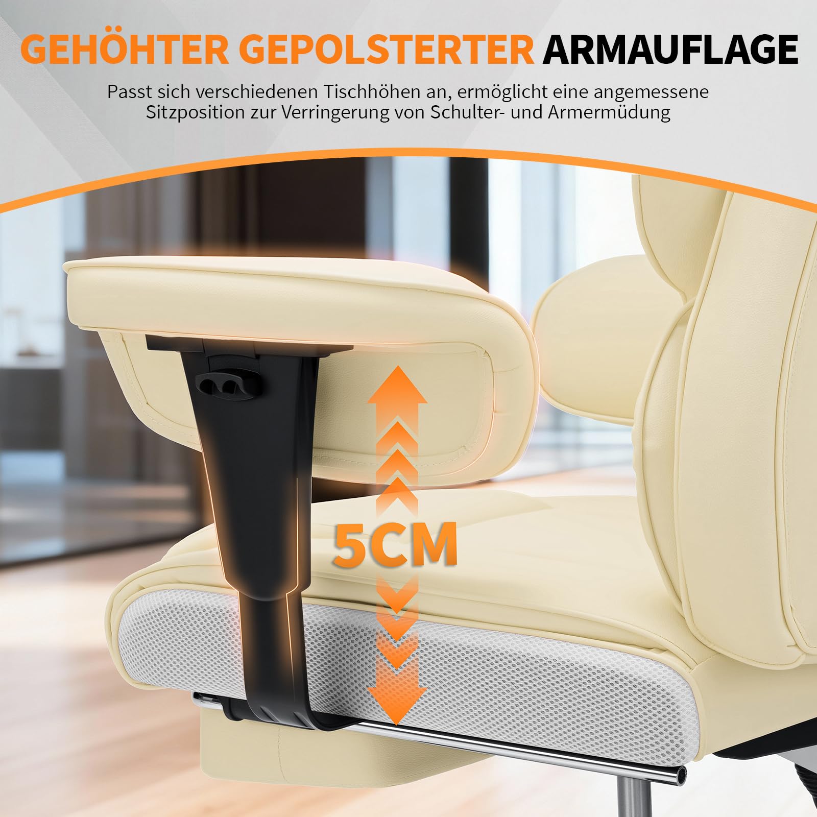 HOFFREE Ergonomischer Bürostuhl mit Fußstütze PU Leder Chefsessel mit 155° Liegefunktion, Verstellbare Armlehnen und Kopfstütze, Bürosessel Chefsessel 200kg für Büro und Schlafzimmer (Beige)