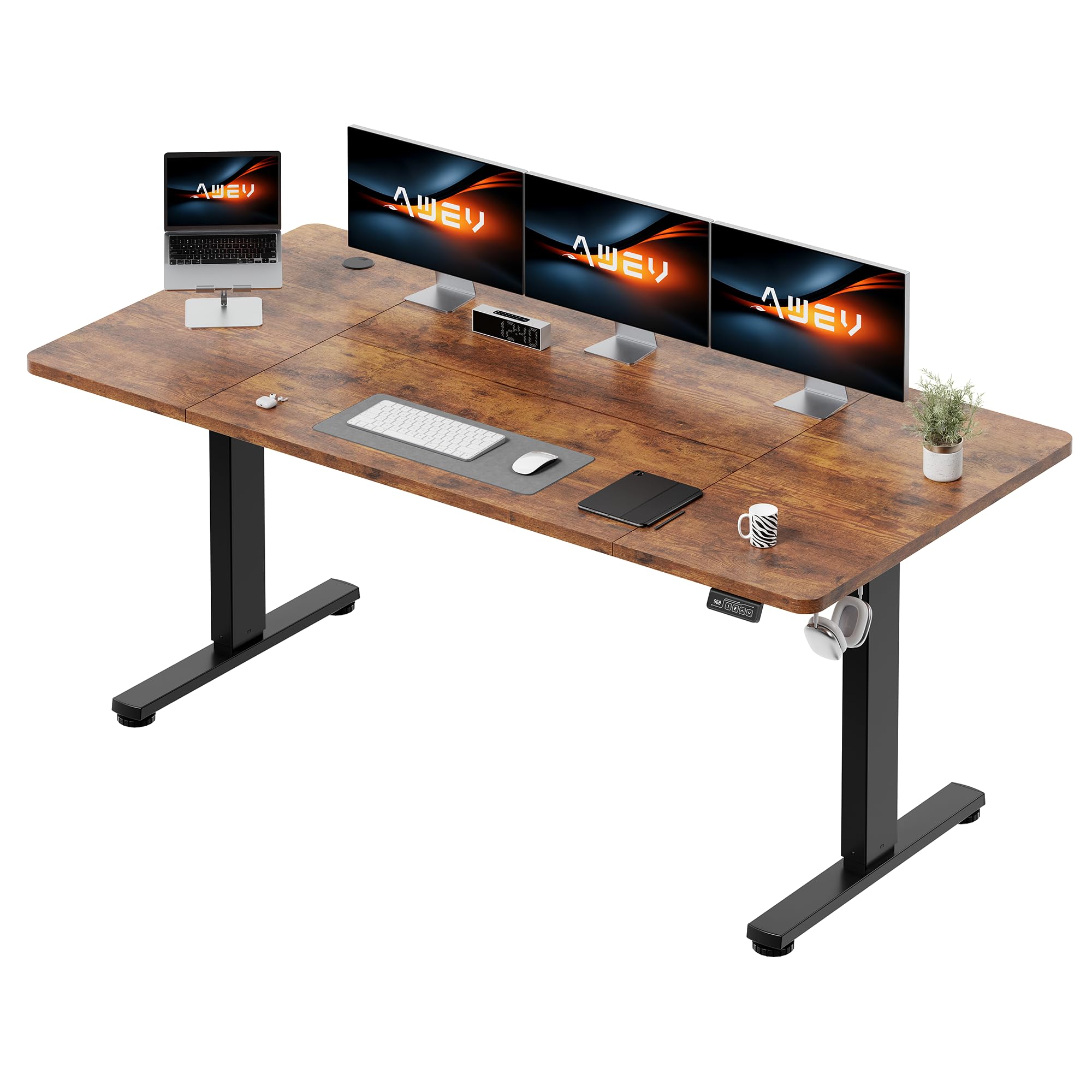 AWEV Electric Standing Desk 180 x 80 cm, Height Adjustable Sit Stand Desk with Backpack Hook & Memory Smart Pannel, Home Office Desk, Brown โ image 1