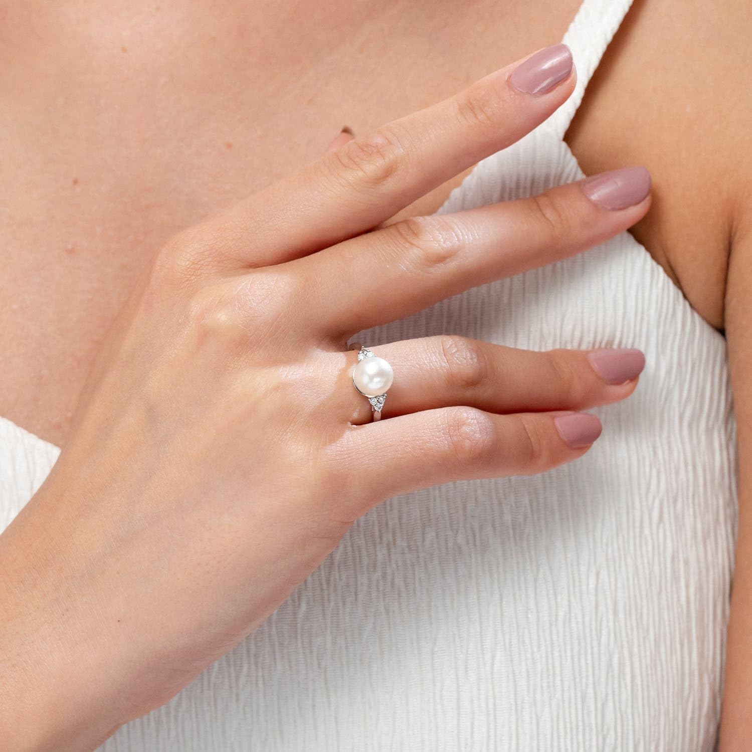 Angara Akoya Pearl Solitaire Ring for Women | Japanese Akoya Pearl Ring with Trio Diamonds in 14K Solid Gold/Platinum | June Birthday, Anniversary, Gemstone Jewellery Gift