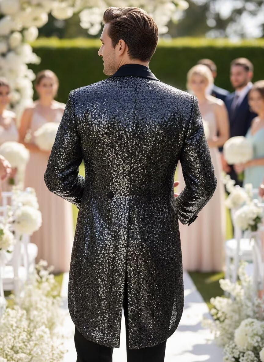 Mens Sequin Tuxedo Tailcoat Double Breasted Slim Fit Blazer Suit Jacket Wedding Dinner Party Show Tux Dress Coat