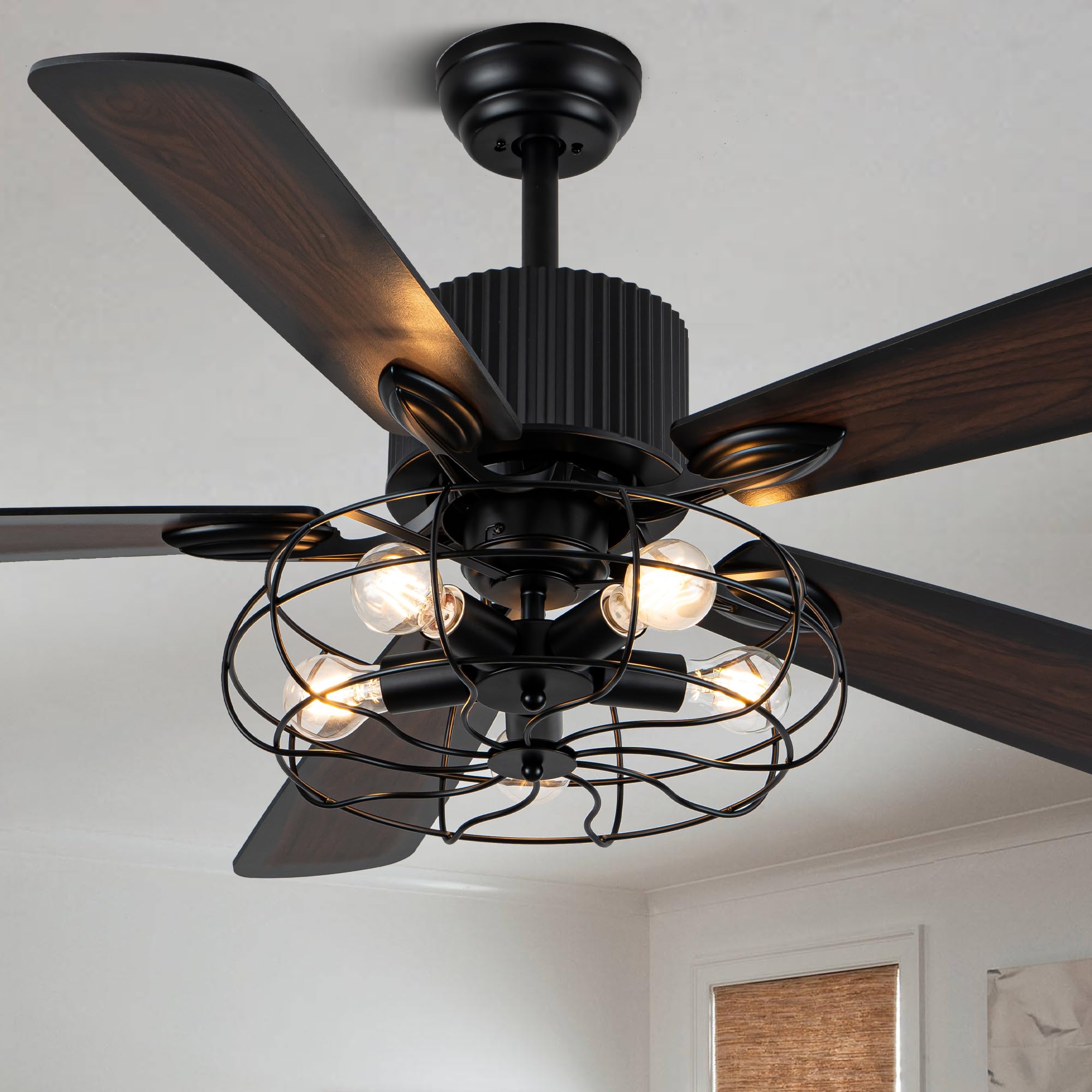 52'' Black Industrial Farmhouse Vintage Caged Fandelier Fan with Light