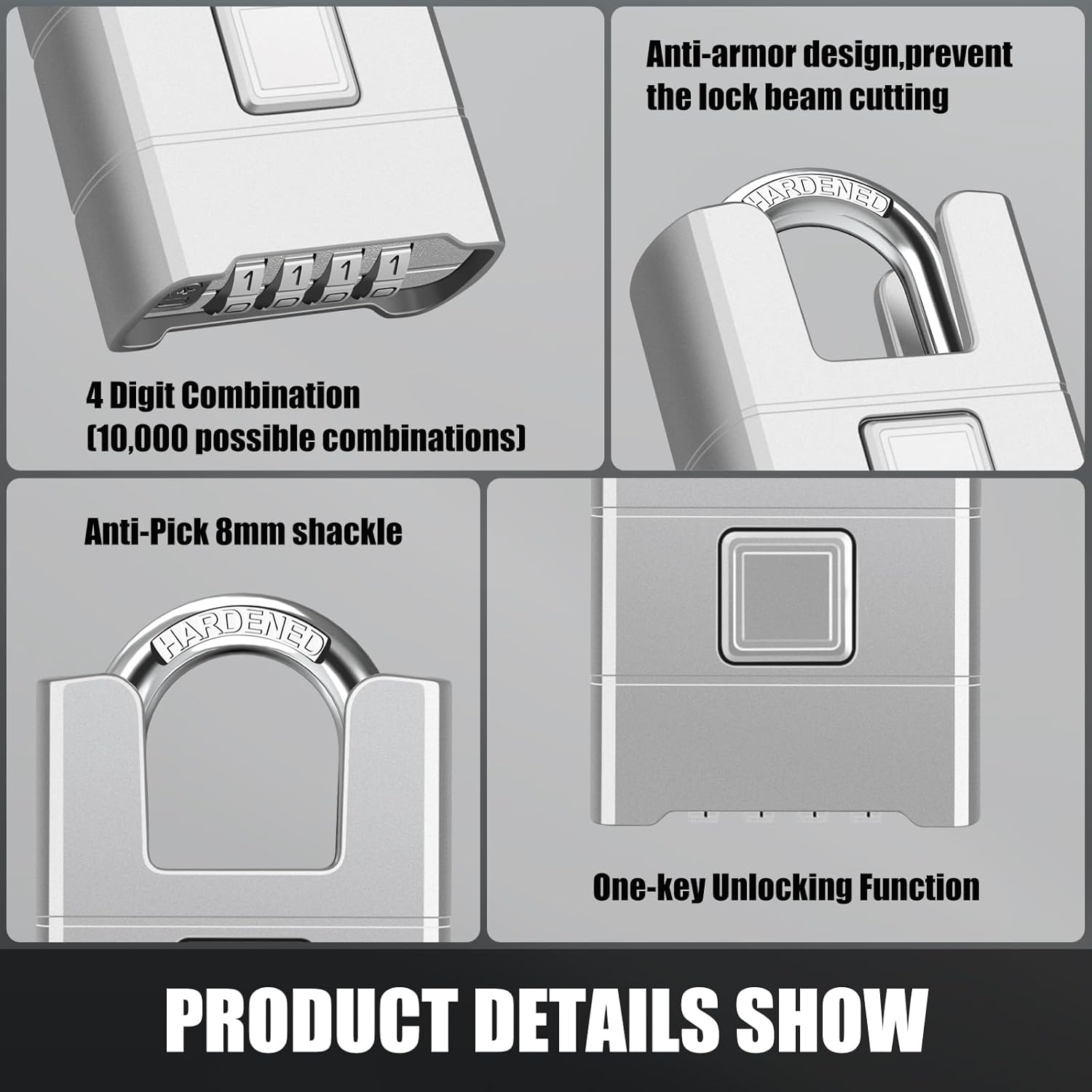 Heavy Duty Combination Padlock, Diyife Large Outdoor Padlock [Wrapped Beam] High Security, One-Touch Unlocking, Design of Hidden Password Suitable for Locker, Home, School, Garage, Gate (Silver) image 4 of 7 B0CYZS2W7V